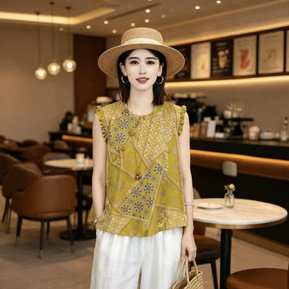 Womens Chinese Style Jacquard Sleeveless Shirt