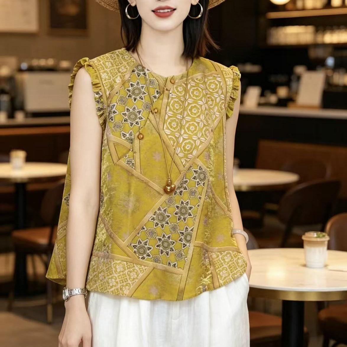 Womens Chinese Style Jacquard Sleeveless Shirt