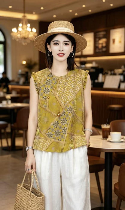 Womens Chinese Style Jacquard Sleeveless Shirt