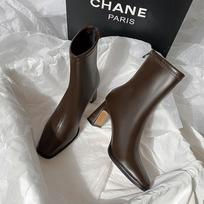 Womens Chunky Heel Ankle Boots with Back Zipper
