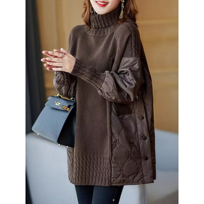 Womens Coffee-Colored Patchwork Turtleneck Sweater