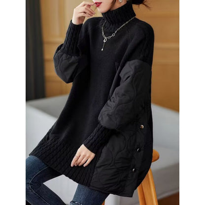 Womens Coffee-Colored Patchwork Turtleneck Sweater