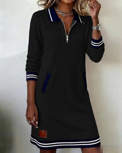 Womens Color Block Lapel Zipper Dress