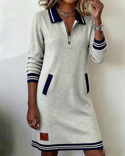 Womens Color Block Lapel Zipper Dress