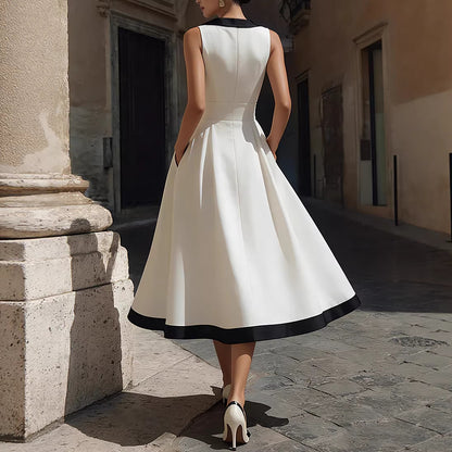 Womens Color Block Sleeveless V-Neck Dress