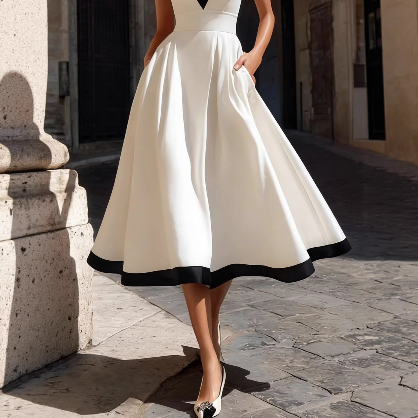 Womens Color Block Sleeveless V-Neck Dress