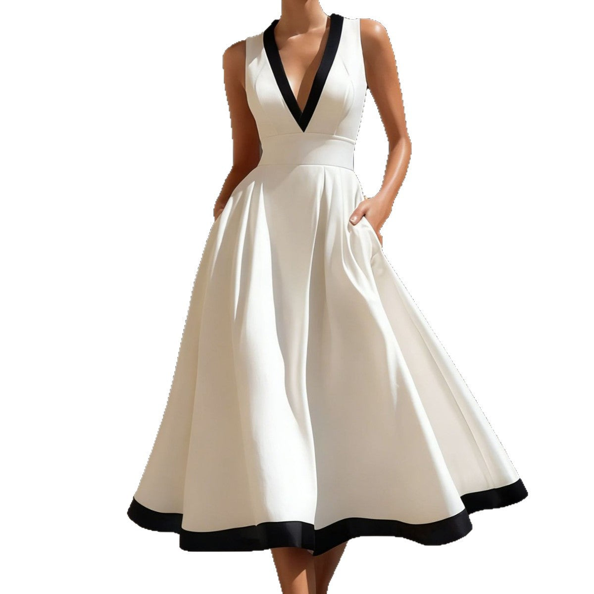 Womens Color Block Sleeveless V-Neck Dress