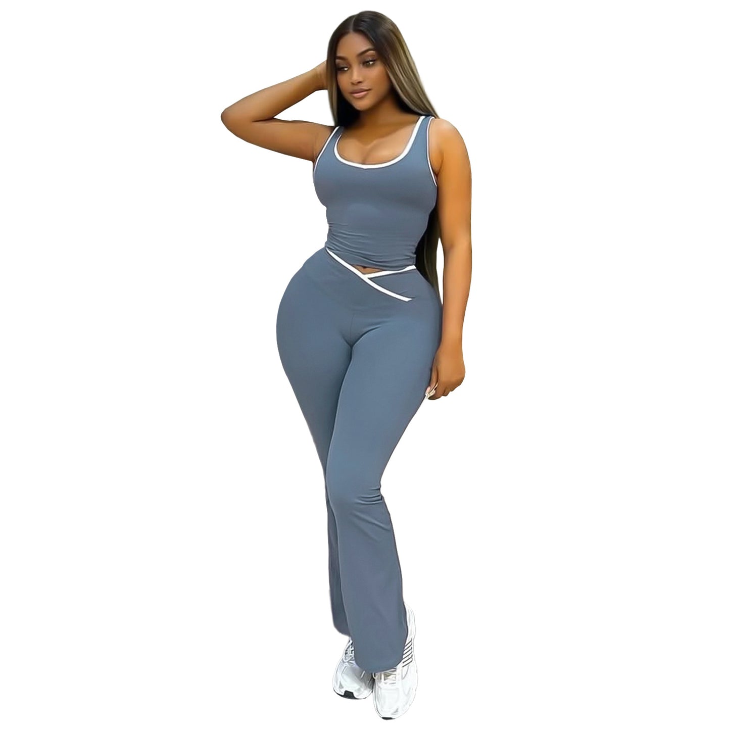 Womens Contrast Crossover Flared Yoga Set