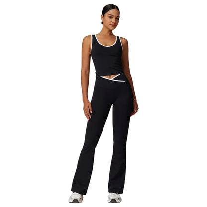 Womens Contrast Crossover Flared Yoga Set