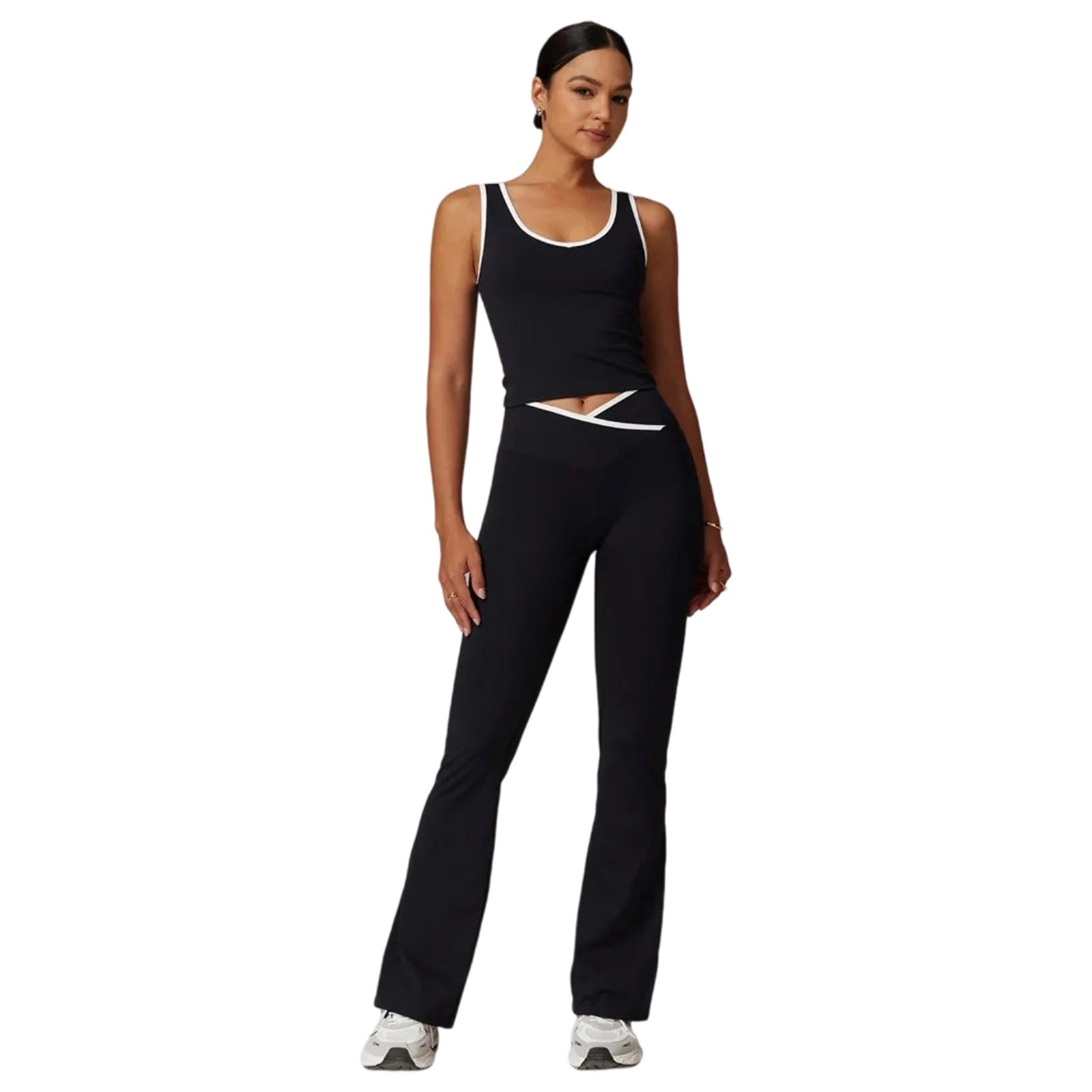 Womens Contrast Crossover Flared Yoga Set