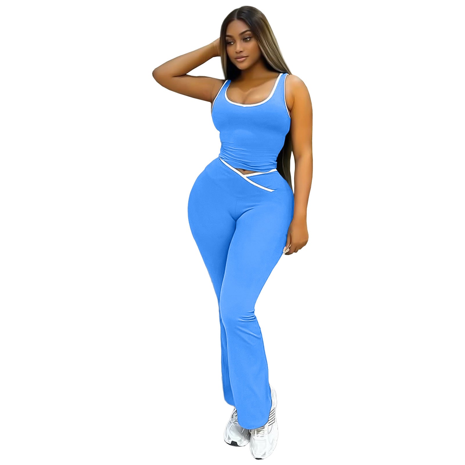 Womens Contrast Crossover Flared Yoga Set