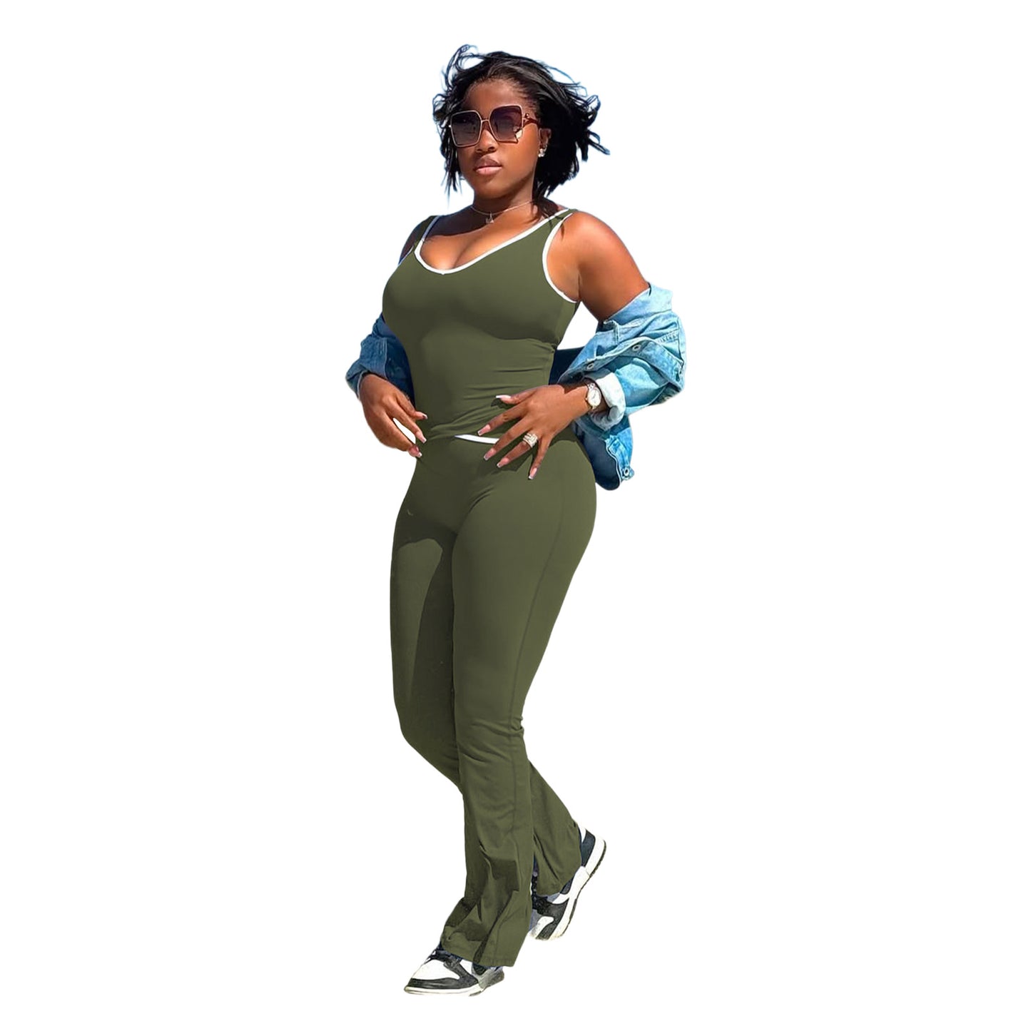 Womens Contrast Crossover Flared Yoga Set