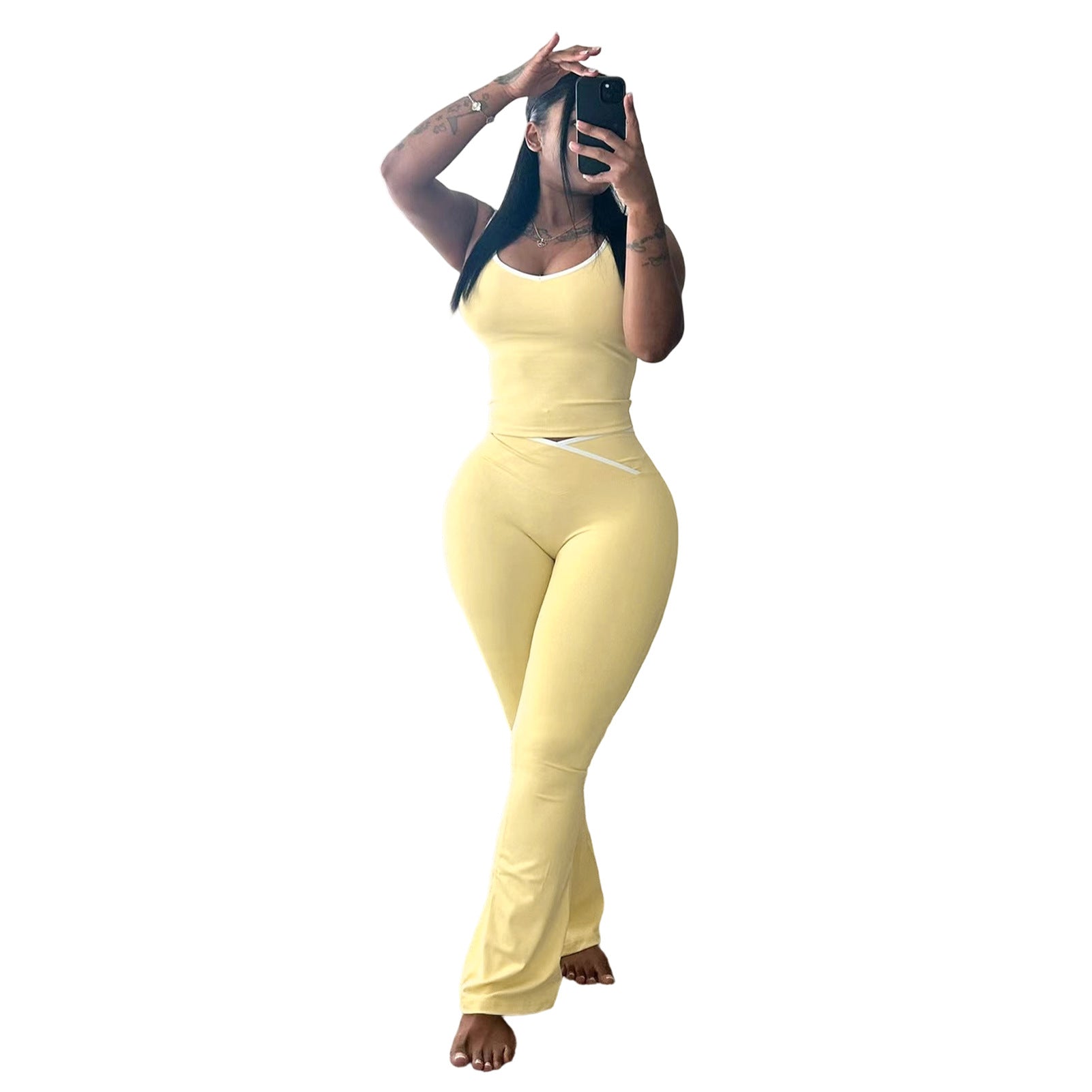Womens Contrast Crossover Flared Yoga Set