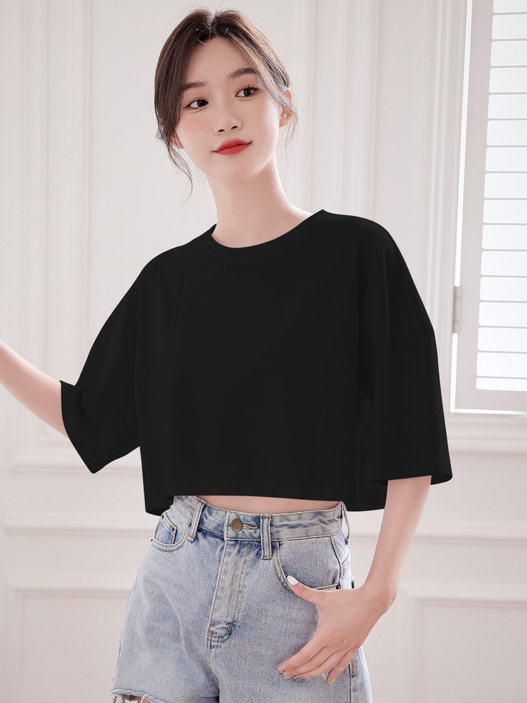 Womens Cotton Crop Top Short Sleeve Shirt