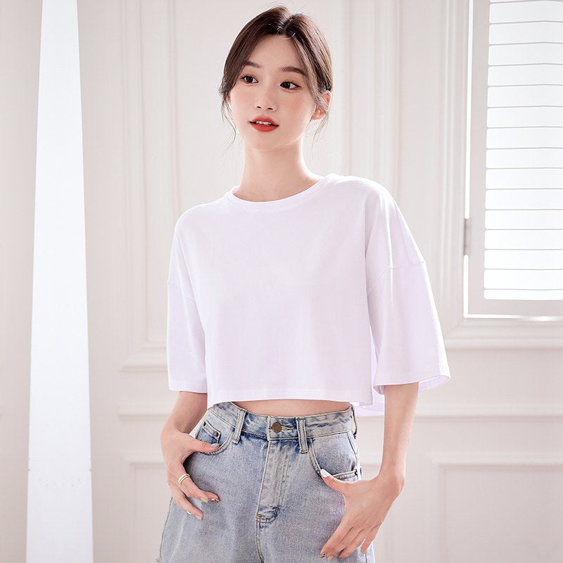 Womens Cotton Crop Top Short Sleeve Shirt