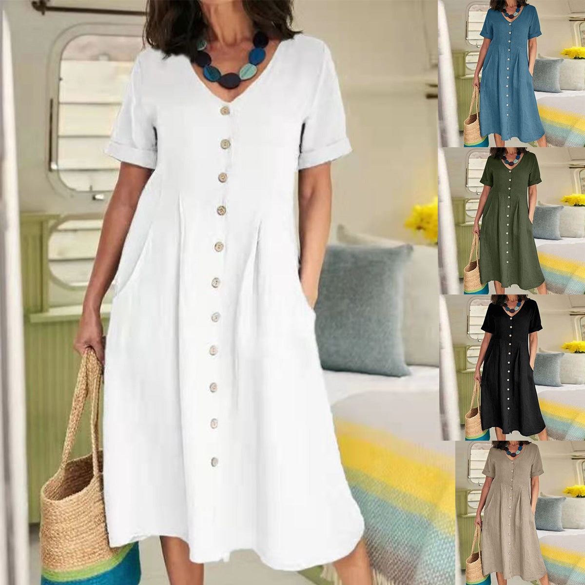 Womens Cotton Linen Casual Dress