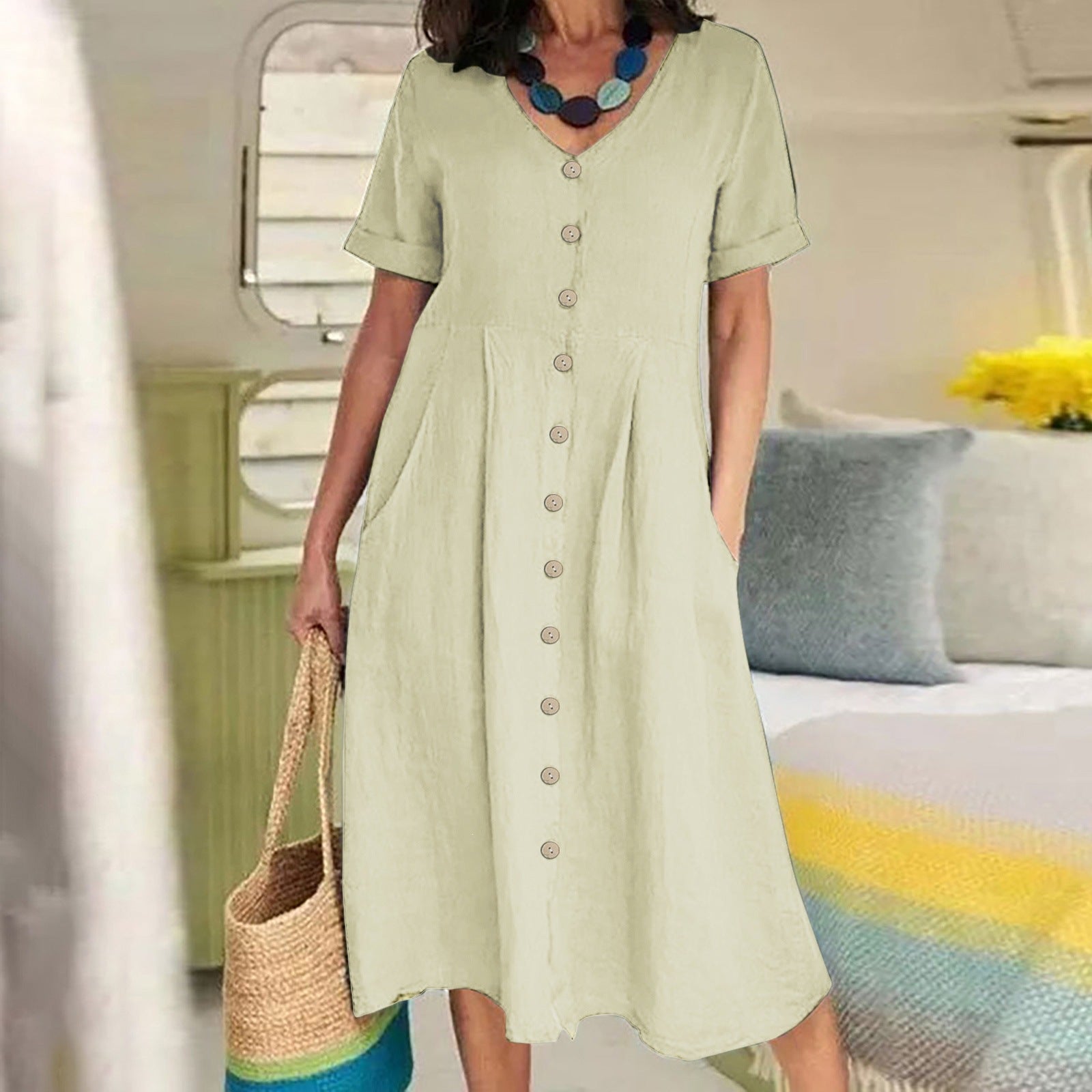 Womens Cotton Linen Casual Dress