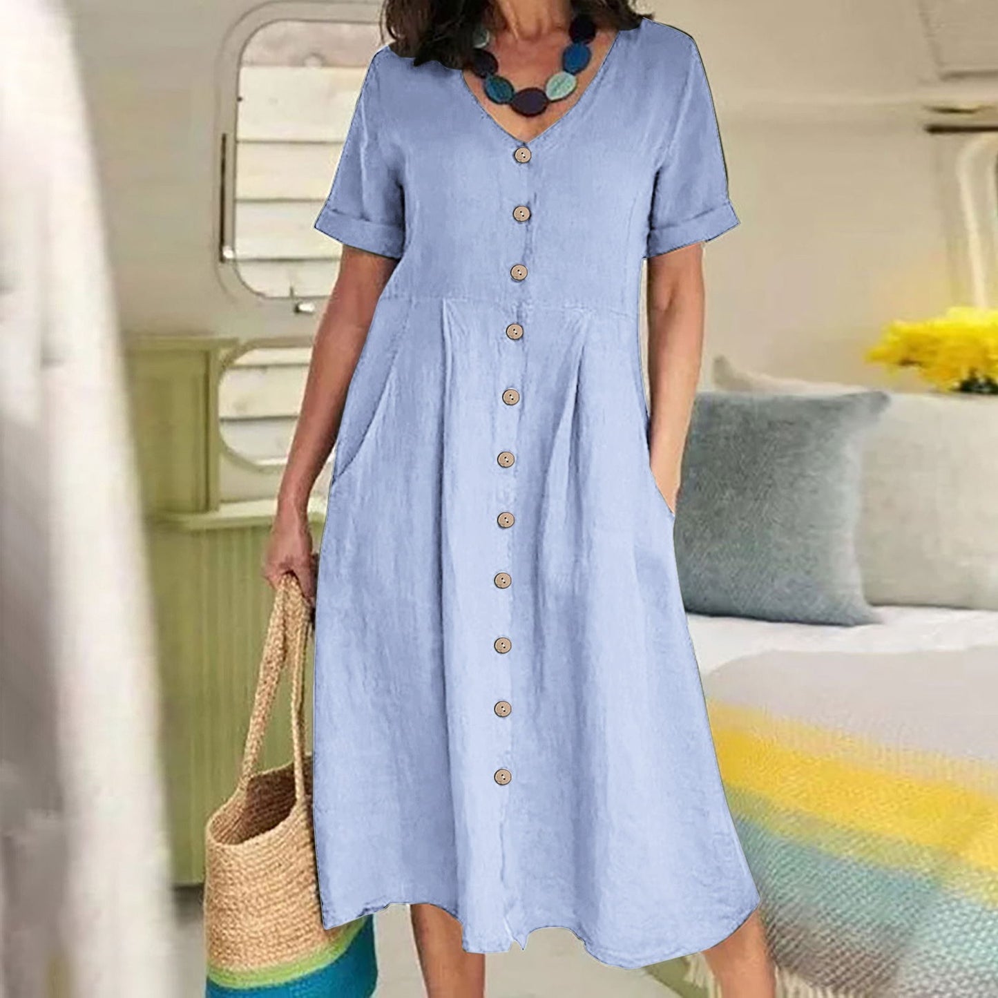 Womens Cotton Linen Casual Dress
