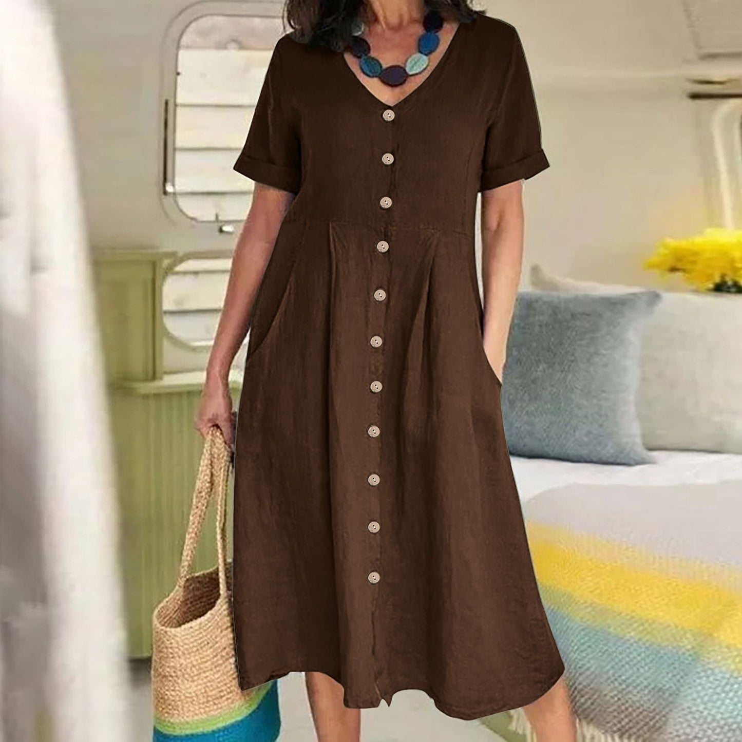 Womens Cotton Linen Casual Dress