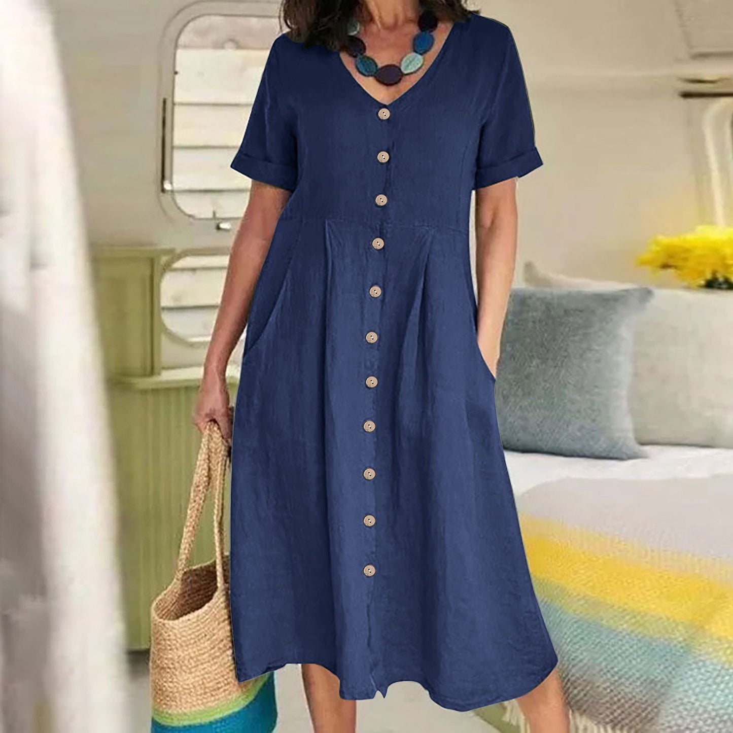 Womens Cotton Linen Casual Dress
