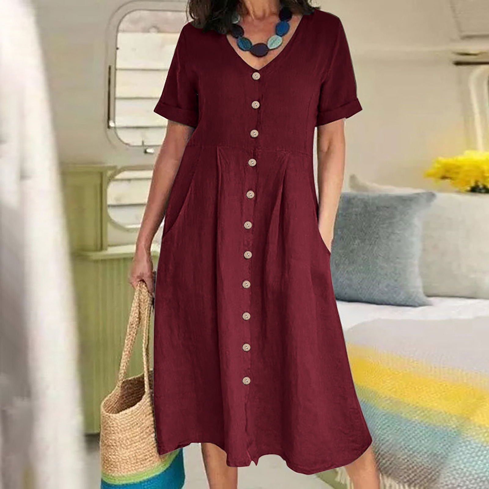 Womens Cotton Linen Casual Dress