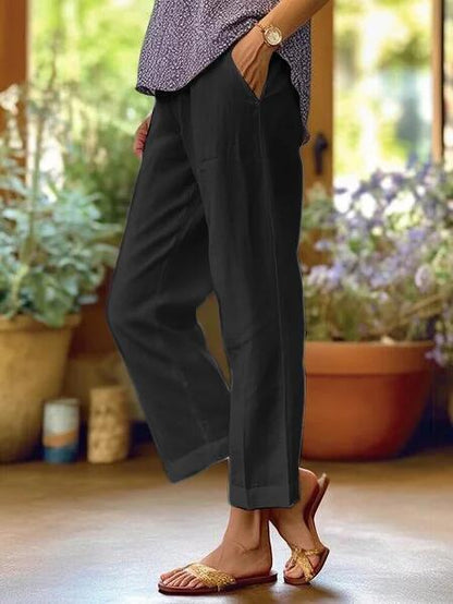 Womens Cotton Linen Elastic Waist Casual Pants