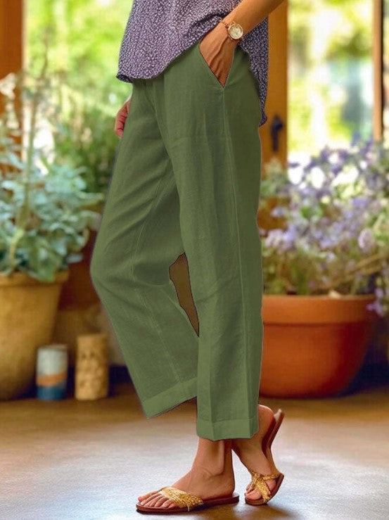 Womens Cotton Linen Elastic Waist Casual Pants