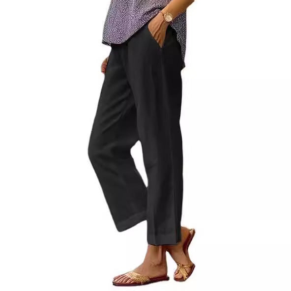 Womens Cotton Linen Elastic Waist Casual Pants
