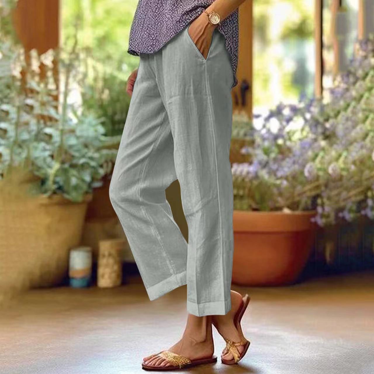 Womens Cotton Linen Elastic Waist Casual Pants