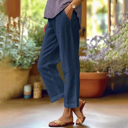 Womens Cotton Linen Elastic Waist Casual Pants