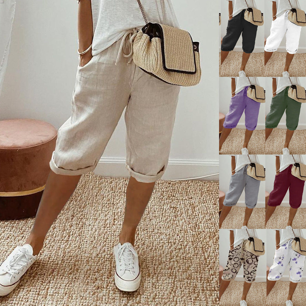 Womens Cotton Linen Elastic Waist Shorts