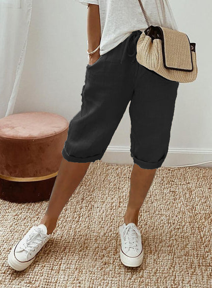 Womens Cotton Linen Elastic Waist Shorts