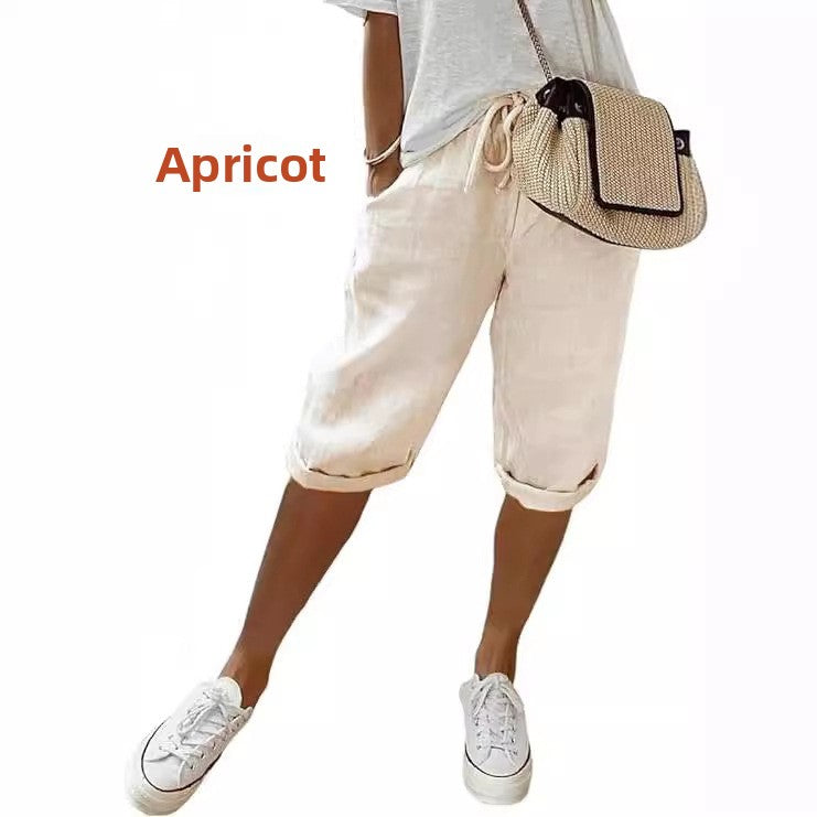 Womens Cotton Linen Elastic Waist Shorts