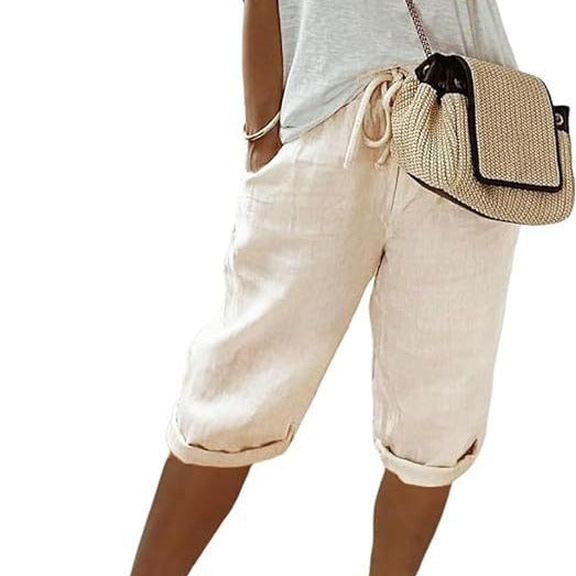 Womens Cotton Linen Elastic Waist Shorts