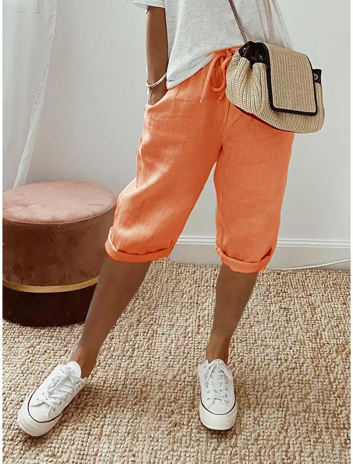 Womens Cotton Linen Elastic Waist Shorts