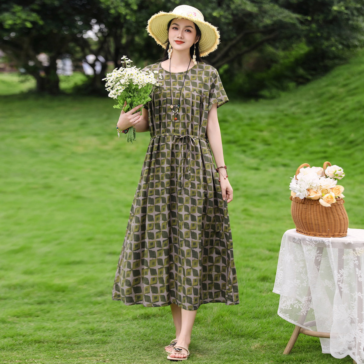 Womens Cotton Linen Summer Dress
