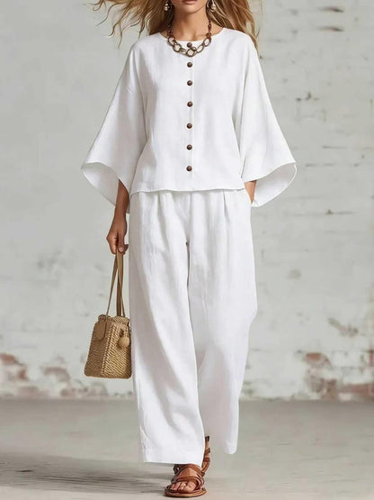 Womens Cotton Linen Wide Leg Pants Set