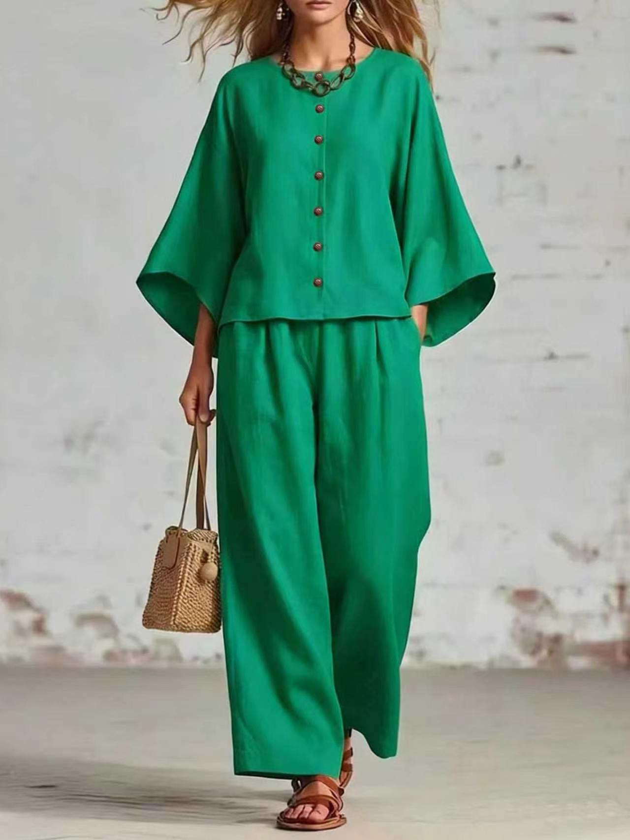 Womens Cotton Linen Wide Leg Pants Set