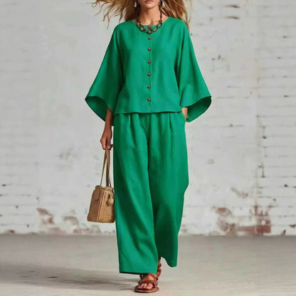 Womens Cotton Linen Wide Leg Pants Set
