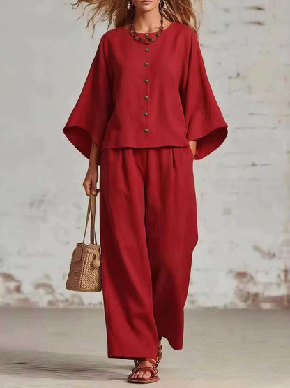 Womens Cotton Linen Wide Leg Pants Set