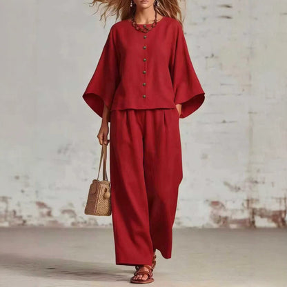 Womens Cotton Linen Wide Leg Pants Set