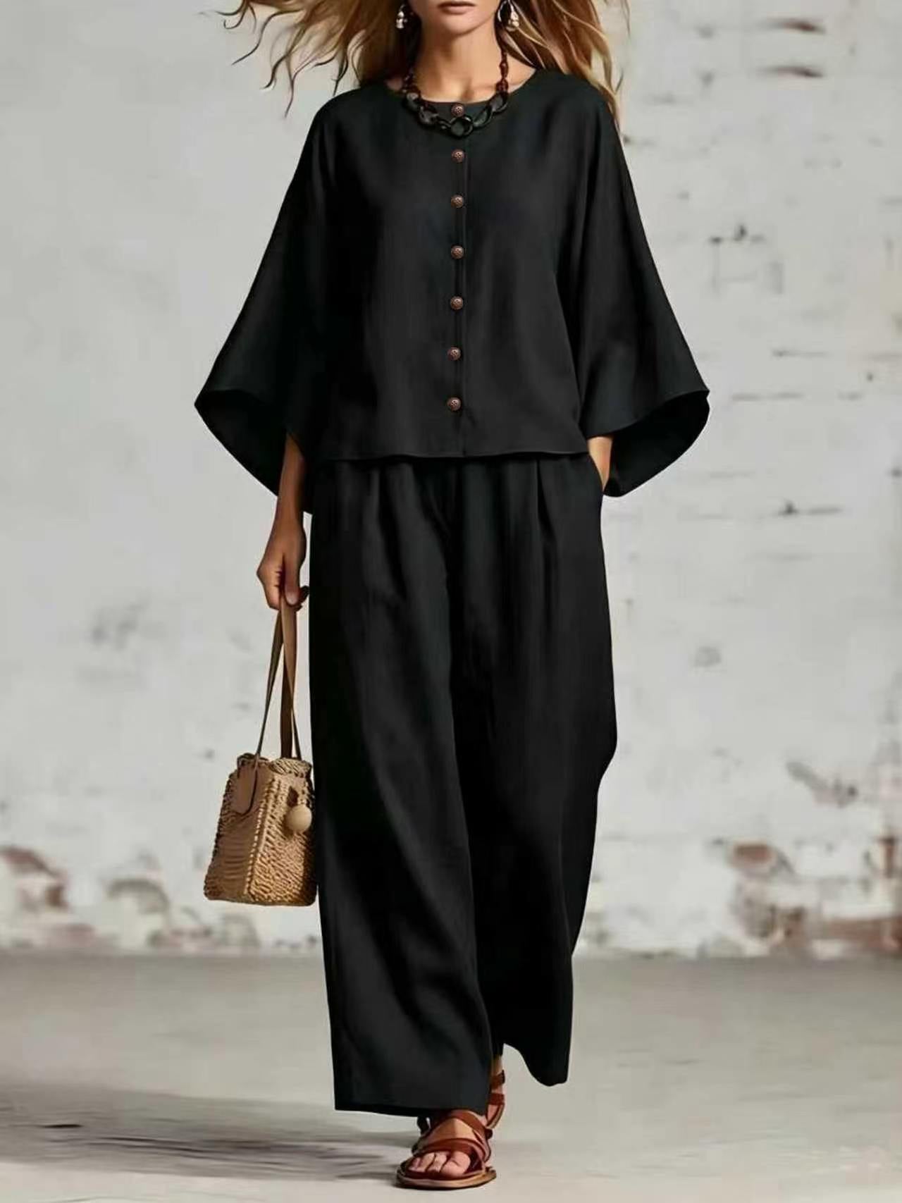 Womens Cotton Linen Wide Leg Pants Set
