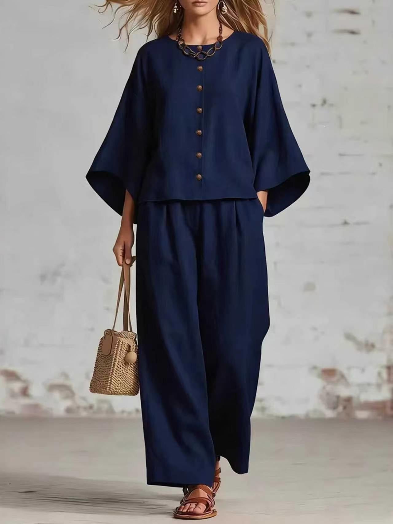 Womens Cotton Linen Wide Leg Pants Set
