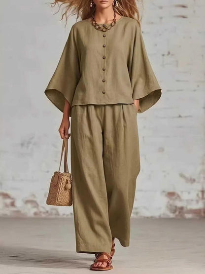 Womens Cotton Linen Wide Leg Pants Set