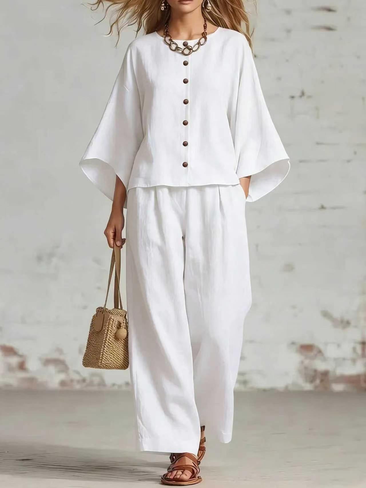 Womens Cotton Linen Wide Leg Pants Set