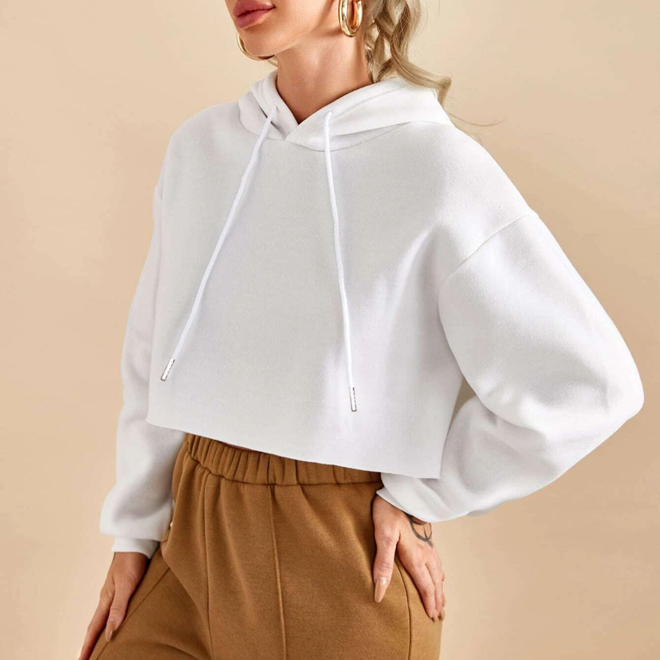 Womens Cropped Hooded Sweatshirt Loose Fit