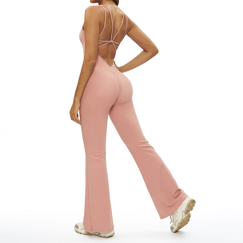 Womens Cross Back Flared Leg Jumpsuit
