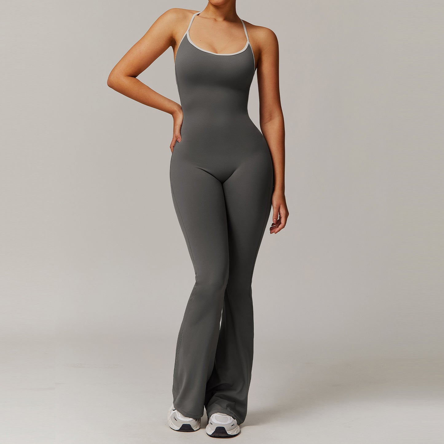 Womens Cross-Back Yoga Jumpsuit Flared Leggings