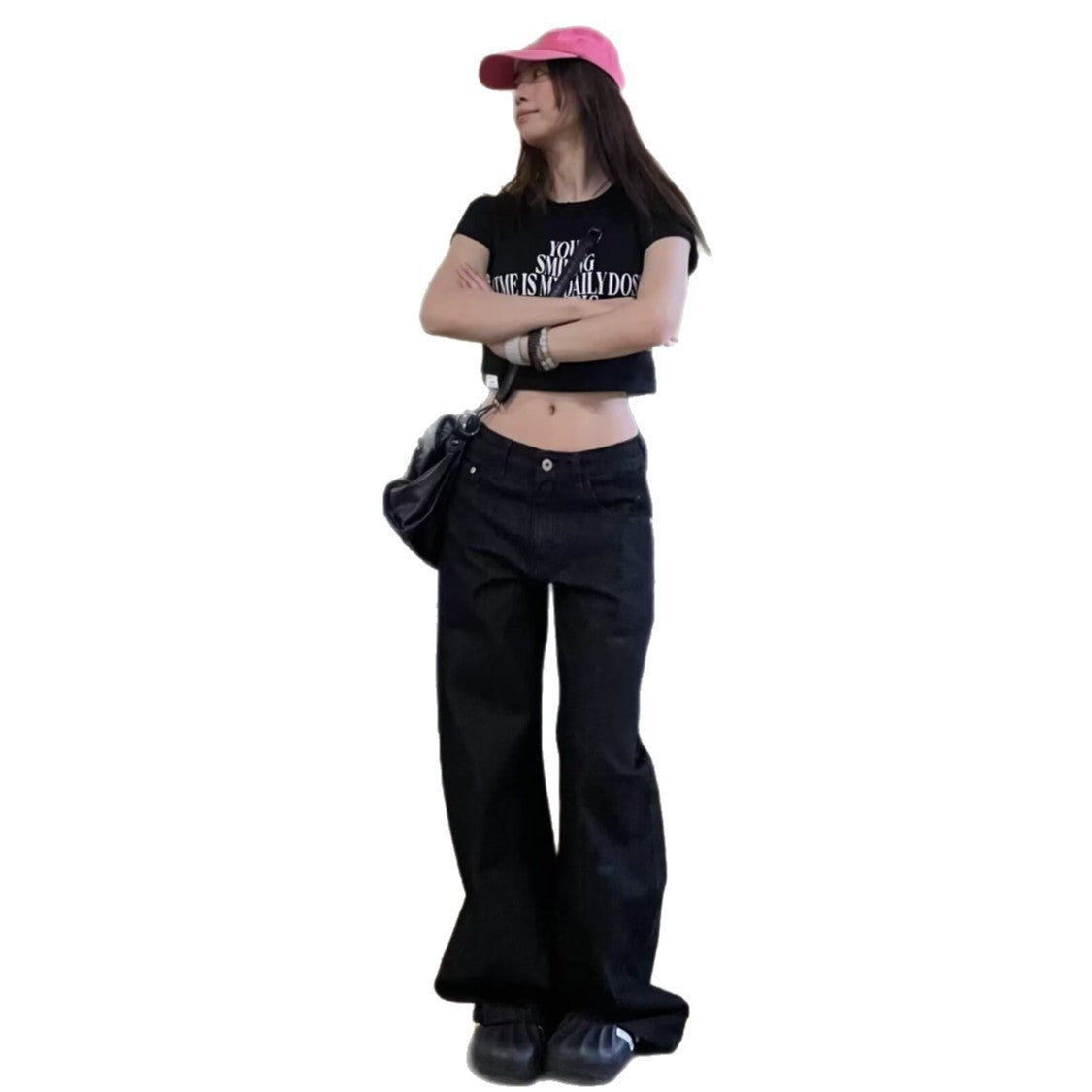Womens Cross Pattern Leather Patch Denim Pants