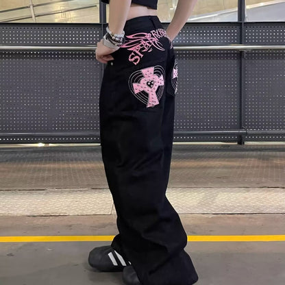 Womens Cross Pattern Leather Patch Denim Pants